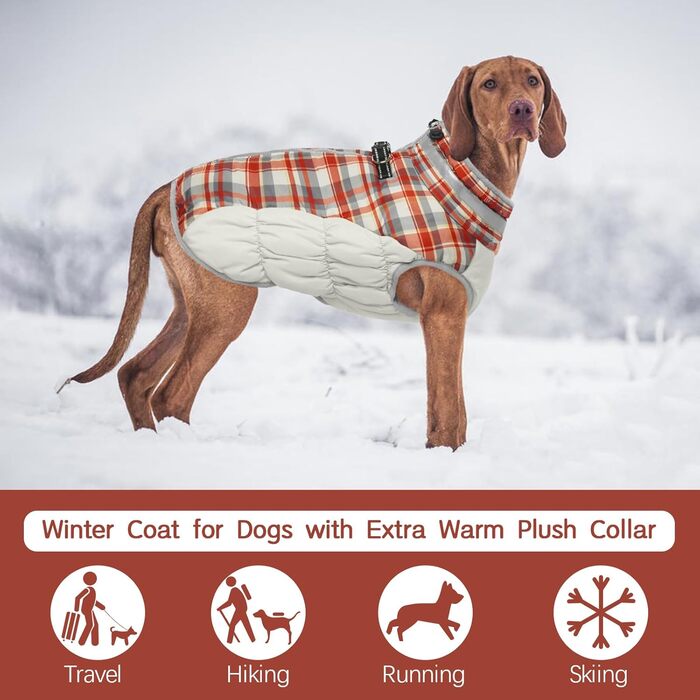 Зимовий теплий куртка для собак Kuoser, водонепроникний та вітрозахисний, з підкладкою з флісу, світловідбивачі, блискавка, комір з хутром, D-кільце, для малих собак, XS, червоний в клітинку