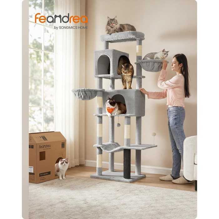 Великий багатоярусний котячий комплекс Feandrea 190,7 см, XXL, з 2 будиночками, 2 лежаками, 5 стовпчиками для дряпання, котячою щіткою, великою платформою, сірий
