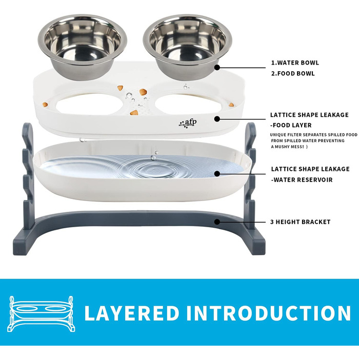 Підвищений годівниця для котів ALL FOR PAWS - 3-рівнева регульована годівниця з 2 мисками з нержавіючої сталі (350 мл), антиковзаюча та захищена від розливу, для кошенят, середніх та великих котів (44*26*19 см)