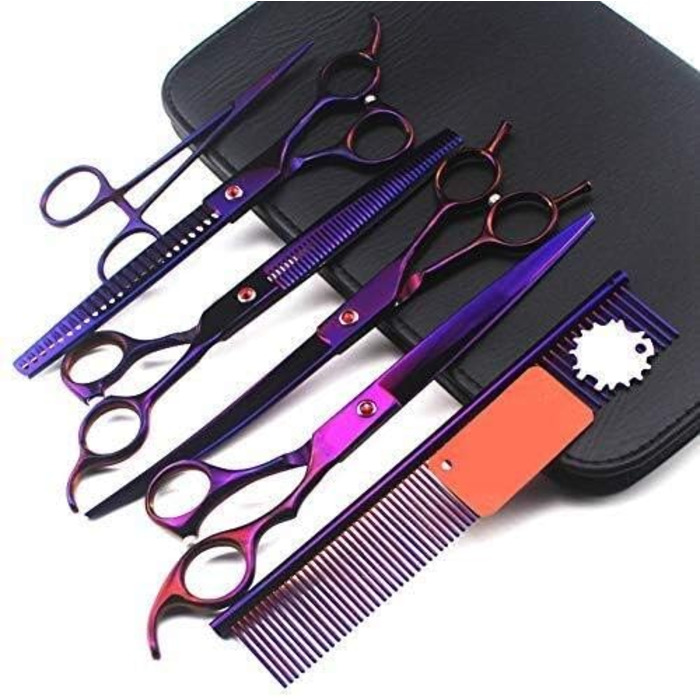 Набір професійних ножиць для грумінгу собак та котів (4 шт.): прямі, зігнуті, для стрижки та фінальної обробки. Виготовлені з нержавіючої сталі.