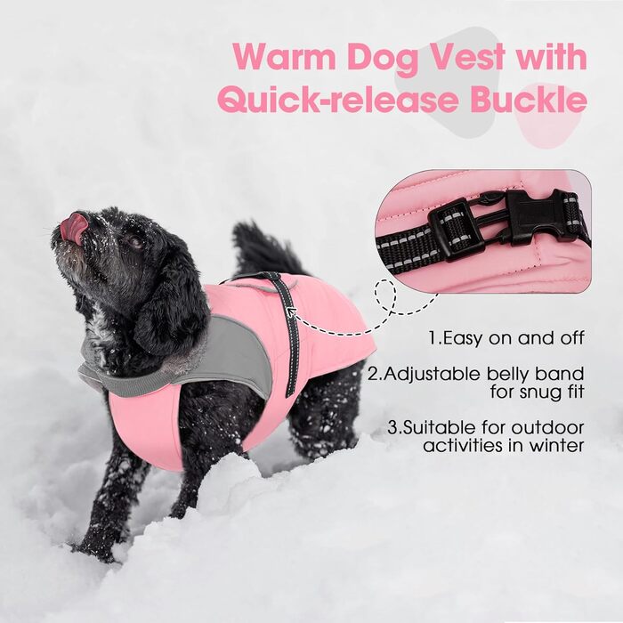 Зимовий теплий куртка для собак Nanaki з флісовою підкладкою, водонепроникний, світловідбиваючий, з отвором для повідка, пухнастий комір, середній розмір, для прогулянок на вулиці, полювання, простий у використанні (Large, Pink)