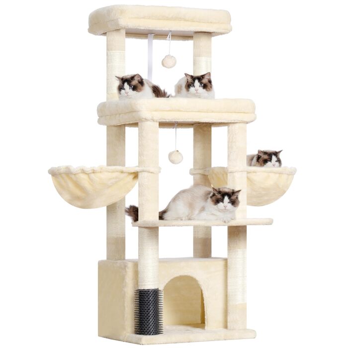 Котячий будиночок Hey-brother Kratzbaum для великих котів та Мейн-кунів, багатоярусний, з 2 платформами, 2 будиночками, великою печерею та щіткою, EMPJ070W (Бежевий)