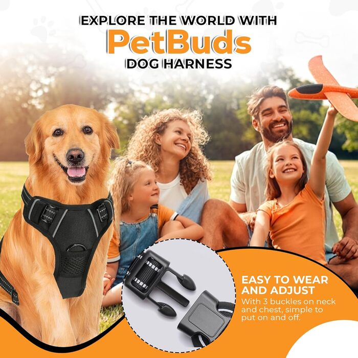 Регульована антидушильна шлейка для собак PetBuds з повідцем 1,5 м, дихаюча та міцна, чорна, розмір M, для всіх порід