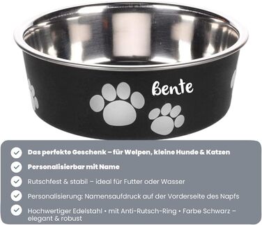 Персоналізований миска для собак з нержавіючої сталі 2200 мл – протиковзкий кільце – для великих собак – з іменем – Petslino (Чорний, XS)