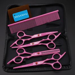Набір для догляду за шерстю для собак, 6 дюймів: ножиці, ножиці для фінальної обробки, вигнуті ножиці, гребінець для шерсті (Рожевий)