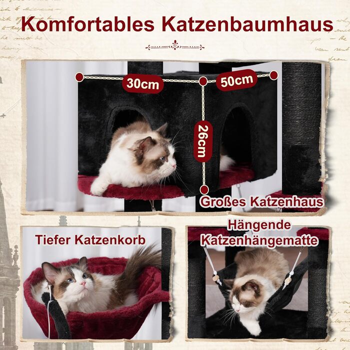 Великий котячий будиночок Kratzbaum: стабільний, 200 см, з платформами, печерами, гамаком та сизалевими стовпчиками (GCT031W, чорний та червоний)
