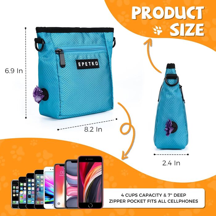 Сумка для ласощів для собак великого об'єму, багатофункціональна, для прогулянок на плечі, з міцним магнітним закриттям, регульований знімний ремінь, сумка для корму для собак (Блакитна)