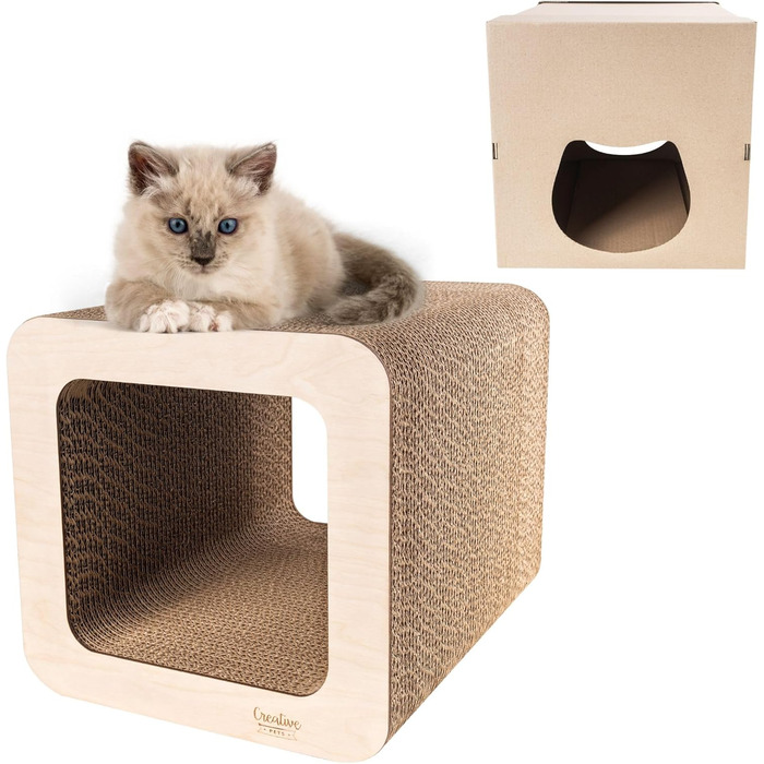 Кігтеточка для котів з картону | Міцна, велика, 2в1 з будиночком | 37 x 30 x 30 см