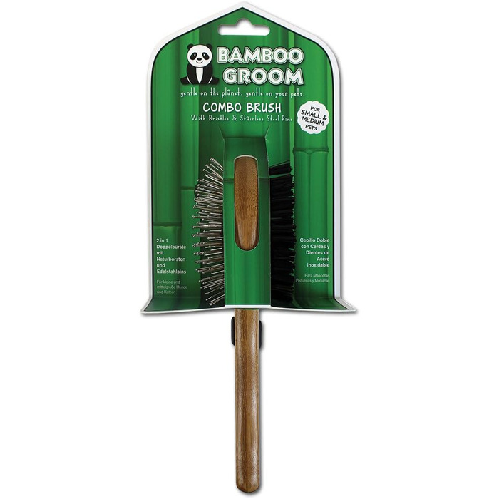 Набір гребінців Bamboo Groom S/M: подвійний гребінець для короткого та середнього хутра котів та собак. М'яка щітка з закругленими шпильками та щетиною дикого кабана для догляду за шерстю.
