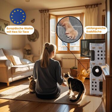 Сучасний котячий комплекс з 4 ярусами та 3 будиночками для котів, сірий. Міцний, з фетру, з іграшкою, 90 см.