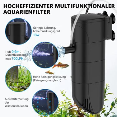 Внутрішній акваріумний фільтр fishkeeper 6W, регульований потік 400 л/год, триступенева система очистки з вугіллям та губкою, для акваріумів до 200 л