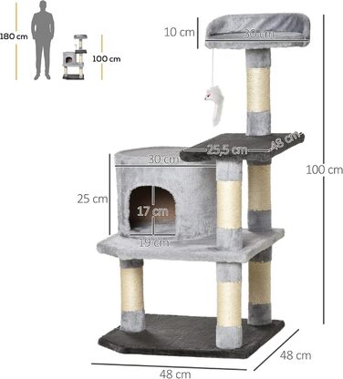 Кігтеточка PawHut для котів - велика кігтеточка-вежа 48x48x100 см з платформами, будиночком та сірим плюшем