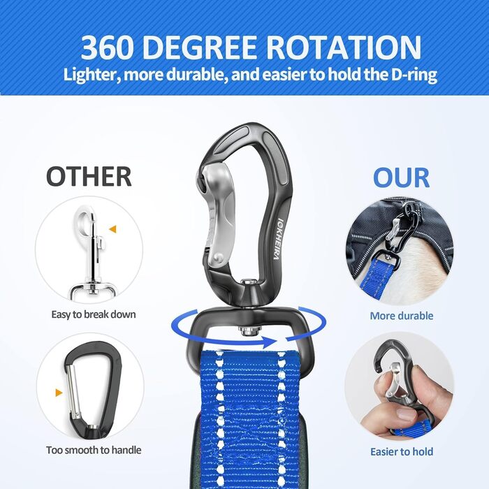 Леєнка для собак IOKHEIRA, регульована (1,2-1,5 м) з безпечним кріпленням, комфортний наповнений ручка та світловідбиваючі нитки (неоновий зелений, океановий блакитний)