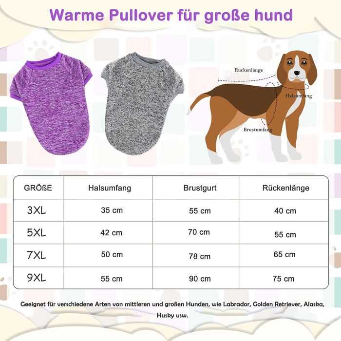 Пуловери для собак RANYPET 2 шт. Великі, теплі, зимові, в'язані, для середніх собак, 9XL (обхват грудей 90 см, довжина спини 75 см), 5XL (обхват грудей 70 см, довжина спини 55 см), колір: фіолетовий+сірий