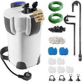 EXLECO Зовнішній фільтр для акваріума з УФ-лампою 1400л/год, 35W. Фільтр для акваріумів до 300л, регульований. Потужний каністровий фільтр з 3 ступенями очищення, фільтр-камера з фільтрувальним матеріалом, шланг HW-302B (1400л/год/2.0м/35W)