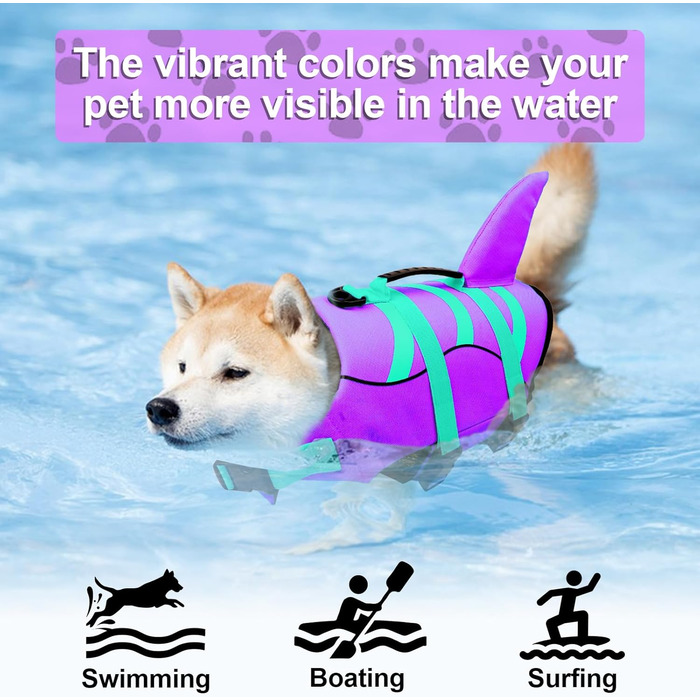 Шкіряна жилетка для собак Fragralley з принтом акули, для плавання та катання на човнах, жилет для собак з високою плавучістю та ручкою для рятування, для собак малих, середніх та великих розмірів (X-Small, фіолетовий + GN)