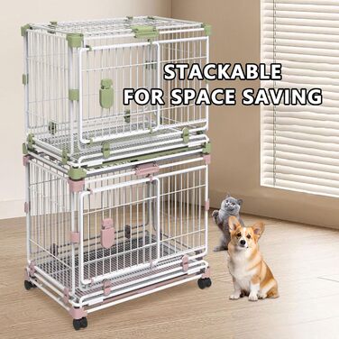 Транспортна переноска для собак, вольєр, переноска для тварин, складана, металевий каркас, 2-3 ярусна, з подвійними дверцятами, антизламна, з колесами та піддоном, легка у прибиранні (рожева, 76.5 x 48 x 61 см)