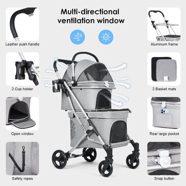 Beberoad Розкладний візок для собак та котів, 2 яруси, чорний/сірий