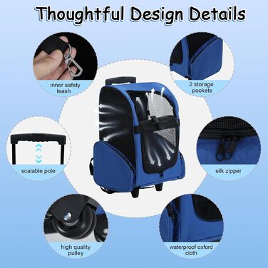 Роликова переноска для домашніх тварин, рюкзак для собак з телескопічною ручкою та кишенями, переноска для собак для маленьких тварин, 42x26x55 см, регульована ручка, оксфордська тканина, Королівський синій