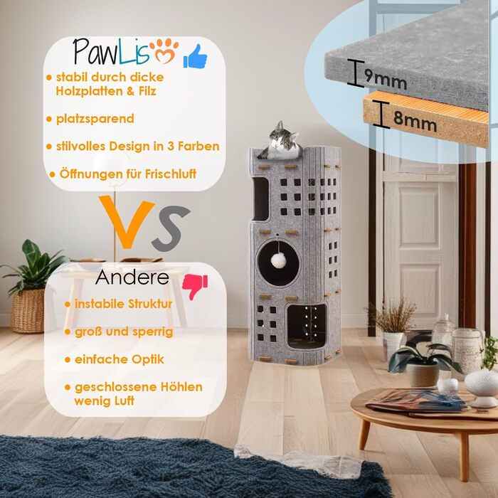 Сучасний котячий комплекс з 4 ярусами та 3 будиночками для котів, сірий. Міцний, з фетру, з іграшкою, 90 см.