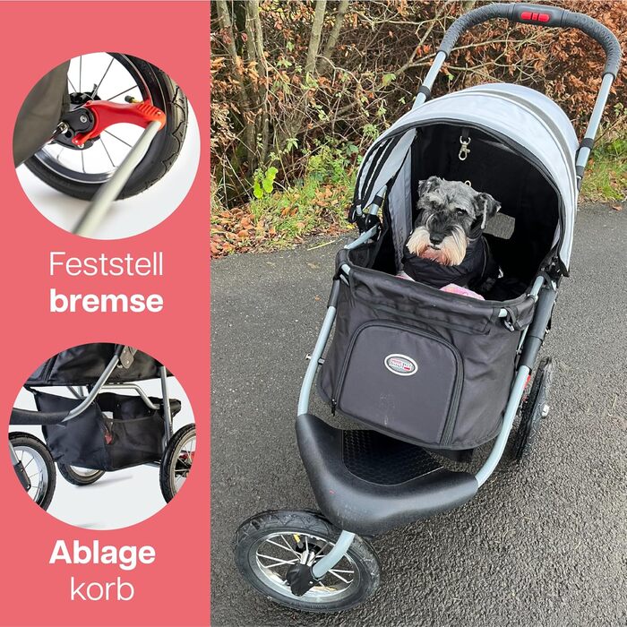 Візок для собак Innopet Comfort Air Eco чорного та срібного кольору – візок для собак/кішок з 30 см повітряними колесами, складаний, для лісових доріжок, світловідбиваючі смуги, органайзер, матеріал з переробленого нейлону