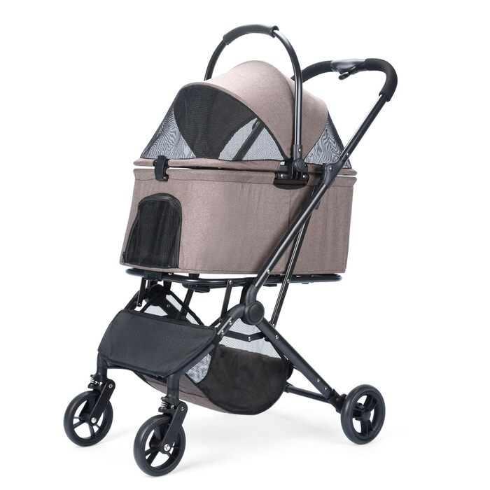 Дитяча коляска для собак 2-в-1 з знімним кошиком, складна коляска для цуценят з 4 колесами, мінімалістична коляска для домашніх тварин з кишенькою для зберігання, для собак середніх та маленьких порід (колір кава)