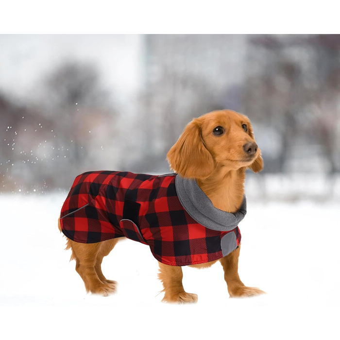 MOREZI Водонепроникна зимова куртка для собак, флісова підкладка, регульований пояс, світловідбиваючі елементи, для такс та схожих порід, розмір XS (довжина спини 29-32 см), в клітинку червоного кольору