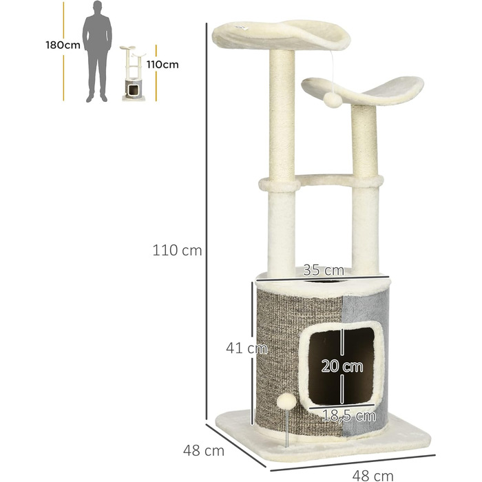 Котячий будиночок PawHut 110 см з когтеточкою, платформою та іграшкою, котячі меблі, кремовий
