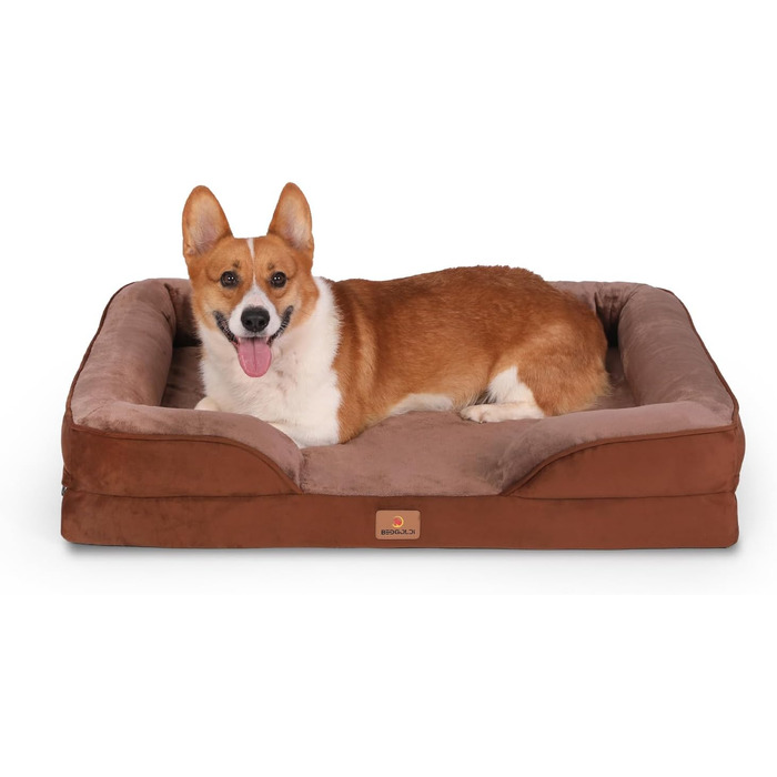 Ортопедичне ліжко для собак великих порід, ергономічне диван-лежанка з піною у формі подушки, водовідштовхуваче ліжко з неслизьким покриттям, 89x63 см, світло-сірий, коричневий, розмір 89 x 63 x 17 см