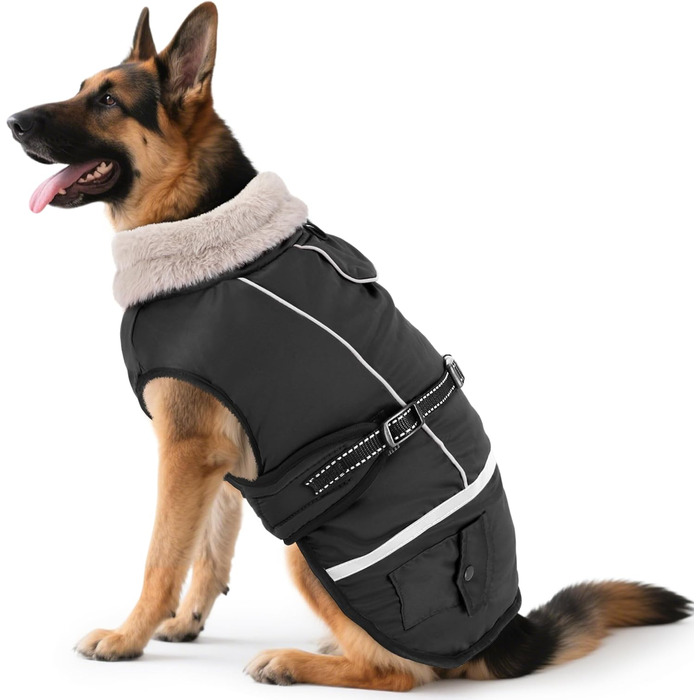 Водонепроникний зимовий одяг для собак Woiil, теплий флісовий одяг для великих собак з регульованими ременями, світловідбиваючі смуги, для німецьких вівчарок (XXL, чорний)