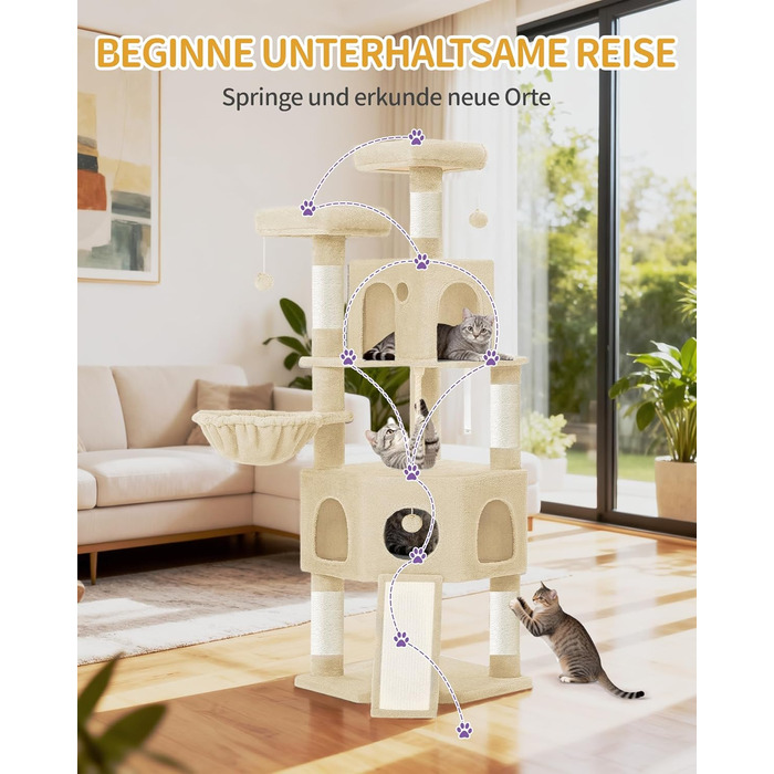 Кігтеточка для котів Hzuaneri, 174 см, XL, 2 платформи, 2 печери, 4 стовпчики, дошка для шліфування кігтів, мотузка з сизалю, плюшеві кульки, для кількох котів, MS17418LG (Бежевий)
