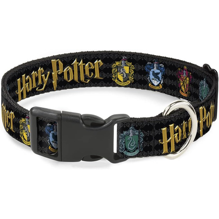Нашийник для собак Harry Potter, пластикова застібка, чорний, 50,8-79,9 см, ширина 3,8 см, факультети Гафелпаф, Рейвенклов, Ґрифіндор, Слизерин