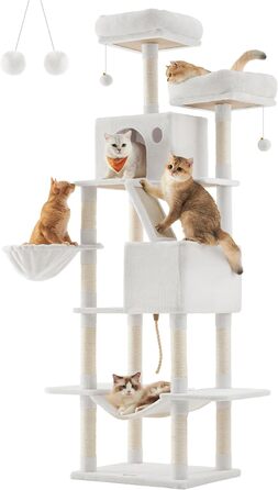 Котячий комплекс Feandrea 206 см, 13 стовпчиків, 2 платформи, 2 будиночки, кошик, гамак, канат, плюш, багаторівневий для домашніх котів, кремовий PCT190T01