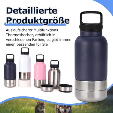 Фляга для собак на прогулянку 1000мл 3-в-1 з мисками для води та корму, ізольована сталева фляга для собак, темно-синій, 7 дюймів