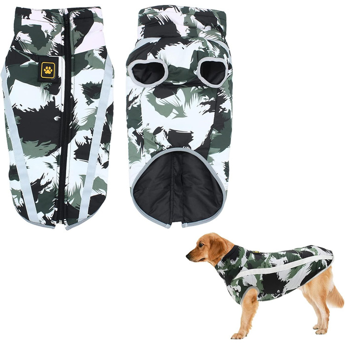 Водонепроникний теплий зимовий одяг для собак 6XL. Куртка для собак, жилет для собачого спорту, одяг для домашніх тварин з отвором для шлейки, світловідбиваючими смугами. Вітронепроникний костюм для собак середнього розміру. Білий, чорний колір.