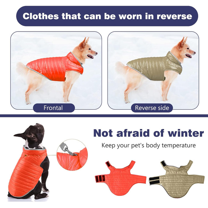 PETCUTE Зворотний зимовий одяг для собак, тепла жилетка для цуценят, водонепроникна куртка для домашніх тварин, регульована, з отвором для повідка, помаранчево-коричнева