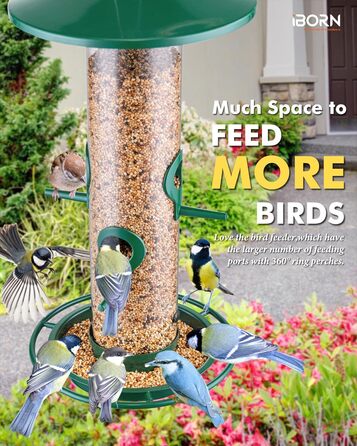 Годівниця для птахів iBorn на відкритий простір – годівниця для птахів з металу, місткість 900г, 4 отвори для годування, чорний/зелений колір