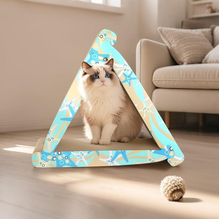 Кігтеточка RUMUUKE Трикутна 3 в 1 з гофрокартону для котів, з котячою м'ятою, блакитний морський звіз