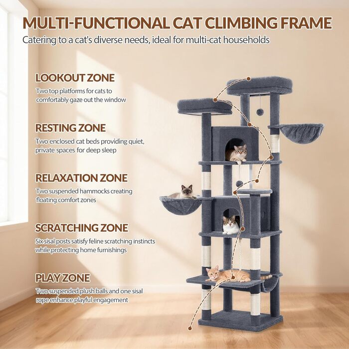 Драбина-кіготь для котів Kratzbaum Groß 216 см, XXL, стабільна з краш-стовпцями, 2 затишні будиночки, 2 платформи, 2 кошики, гамак, для дому, FPMS007FG1 (50x40x175 см, темно-сірий)