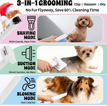 3-в-1 Машина для стрижки собак з пилососом, машинка для стрижки котів та собак з 6 гребінцями, пилосос для собак 2.2л з щіткою, фен для собак з 13 інструментами, 3 режими повітря, холодний/гарячий потік