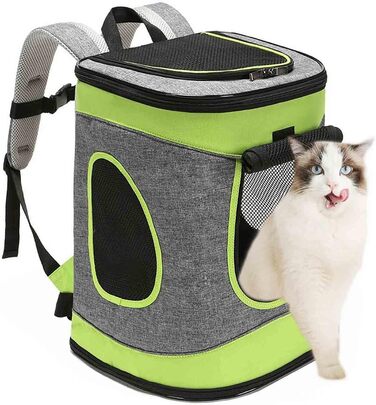 Складана переносна переносна коробка для собак та котів. Транспортна сумка для авто та авіаперельотів. Рюкзак для тварин, сірий та техно-зелений.