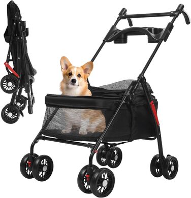 Транспортувальна візок для собак, легкий та складаний, з регульованим козирком, анти-вислизання, гальма та багажник (до 10 кг), чорний