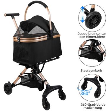 Візок для собак 3 в 1, розкладний, для маленьких собак та котів, знімний кошик, візок для тварин, портативний, сітка, оксфордська тканина, до 20 кг (Темно-зелений) (Чорний)