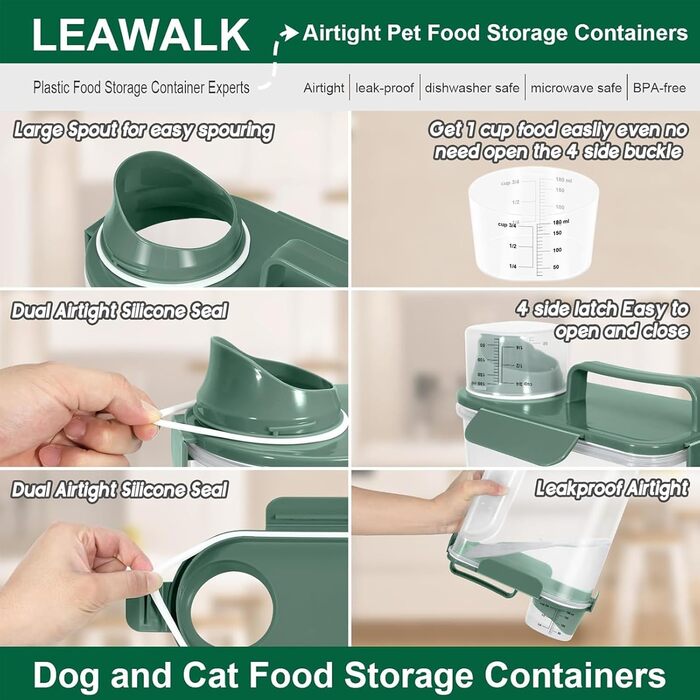 Контейнер для корму для собак, велика воронка, BPA-free, 1.4-2.3 кг, пластиковий контейнер для кормів, 4 герметичні закриття, 1 мірний стакан та ручка, авокадо-зелений (3 л + 5 л)