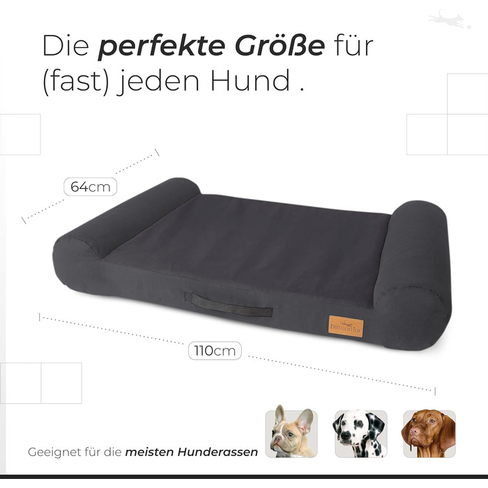 FREUDENTIER® ортопедичне ліжко для собак з Memory Foam, супер м'яке, миється, Made in Europe, підходить для собак маленьких, середніх та великих порід (110x64см), колір Dark