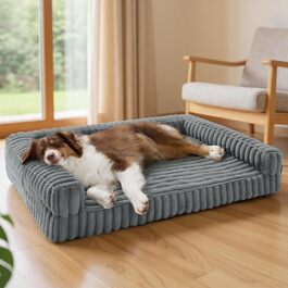 Ортопедичне ліжко для собак середніх порід BEDSURE - 76x51x16.5 см, водовідштовхуваче з Memory Foam та Eierkarton-Schaum, знімний Corduroy чохол, сіре, 89x64x18 см