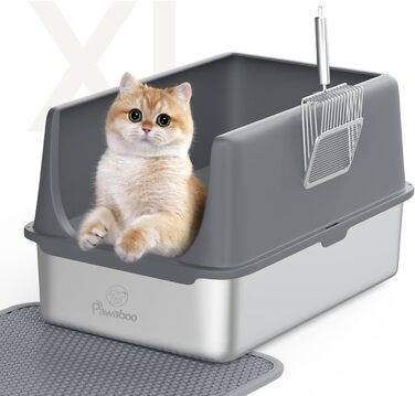 Металева котяча туалетна Pawaboo з кришкою, 60x40,5x32,5 см, велика нержавіюча лоток для котів з високим бортиком, антипригарна, зі совком і килимком для наповнювача
