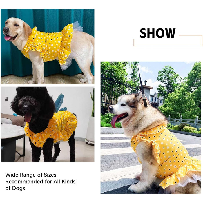 Сукня для собак великих порід UOSIA з квітковим принтом, жовта в горошок, 6XL, для вечірки, дня народження, весілля, легка та дихаюча