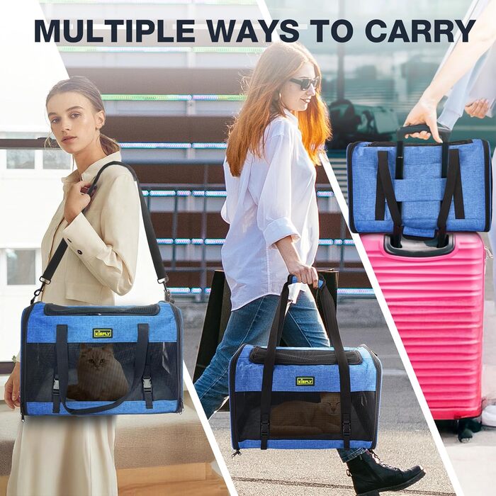 Транспортувальна сумка для тварин, схвалена TSA, 43.2 x 30 x 24.1 см, м'яка переноска для котів та собак до 5.4 кг, з туалетом для котів (20x13x13 см), блакитна