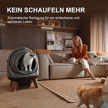 Автоматичний лоток для котів ELS PET з самоочищенням, захистом від розльоту, керуванням через додаток, без запаху, з килимком для котячого туалету та пакетами для сміття (чорний та сірий)